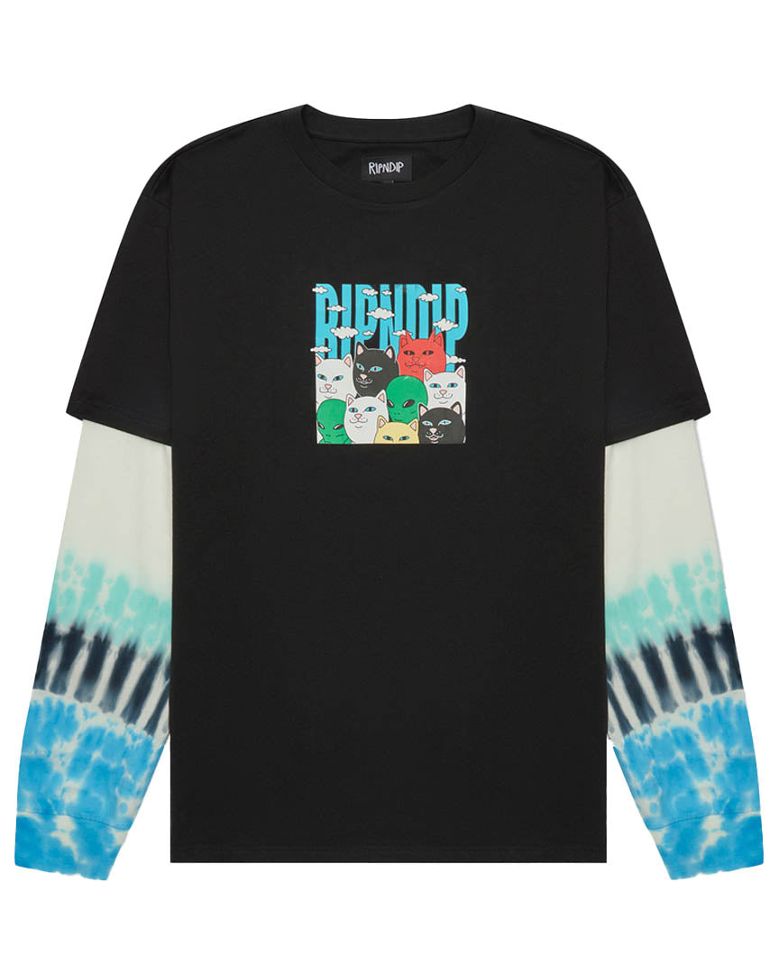 Bunched Up Double Long Sleeve T-Shirt - Black/Tie Dye