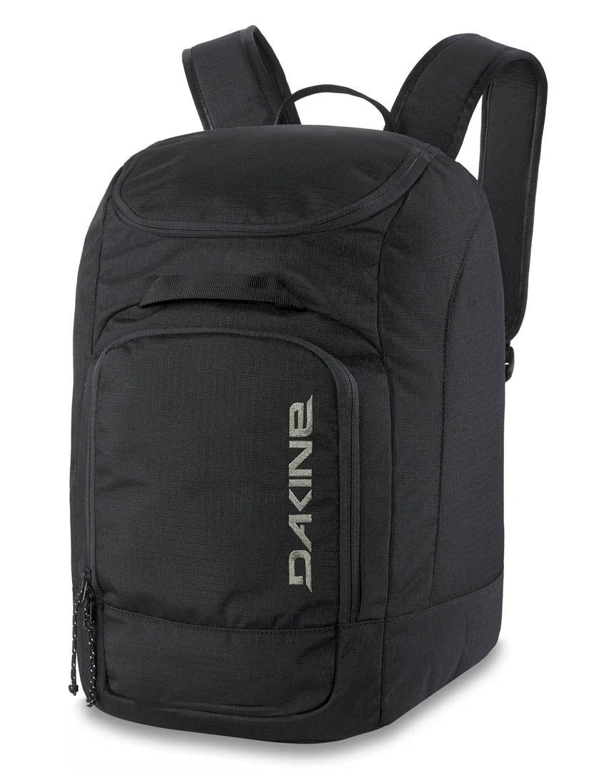 A black 45L capacity backpack with the brand name 'Dakine' written on the front. It features adjustable shoulder straps and a zippered main compartment.
