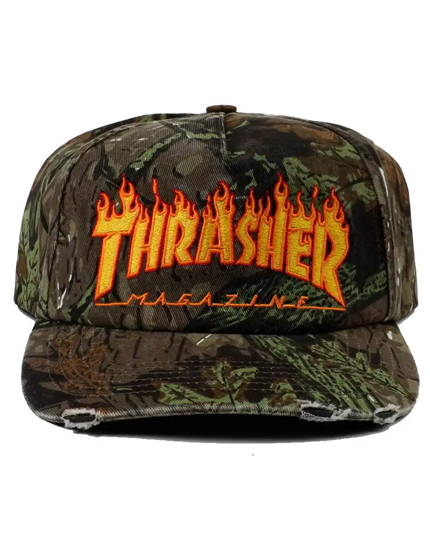Flame Distressed Snapback Hat - Camo