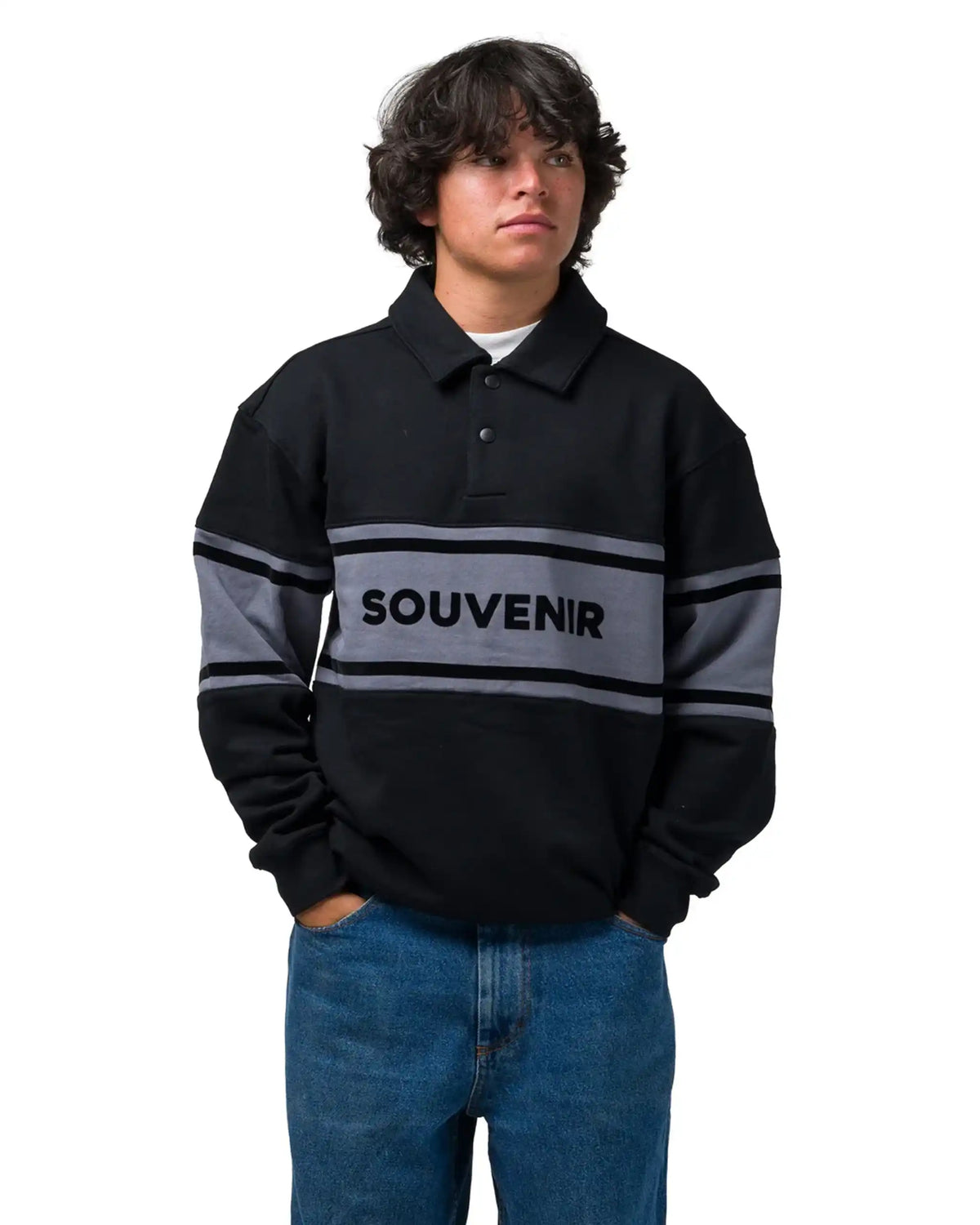 SOUVENIR Fleece Rugby Long Sleeve Polo Shirt - Black – view 2