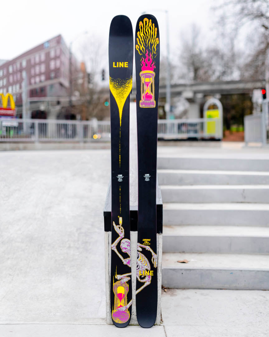 Line Chronic Skis 2023  at the skatepark
